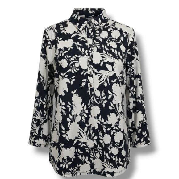 Charter Club Women’s Floral Print Blouse Midnight Blue White Button Front Top L - Picture 1 of 8